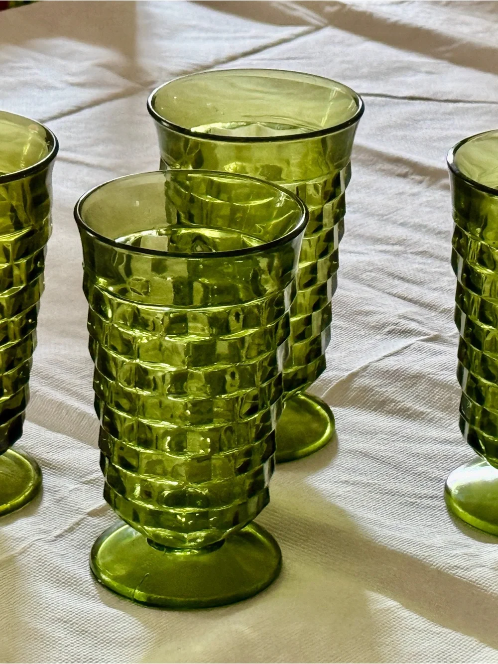 Vintage Indiana Glass Diamond Point Green Goblets Set of 4